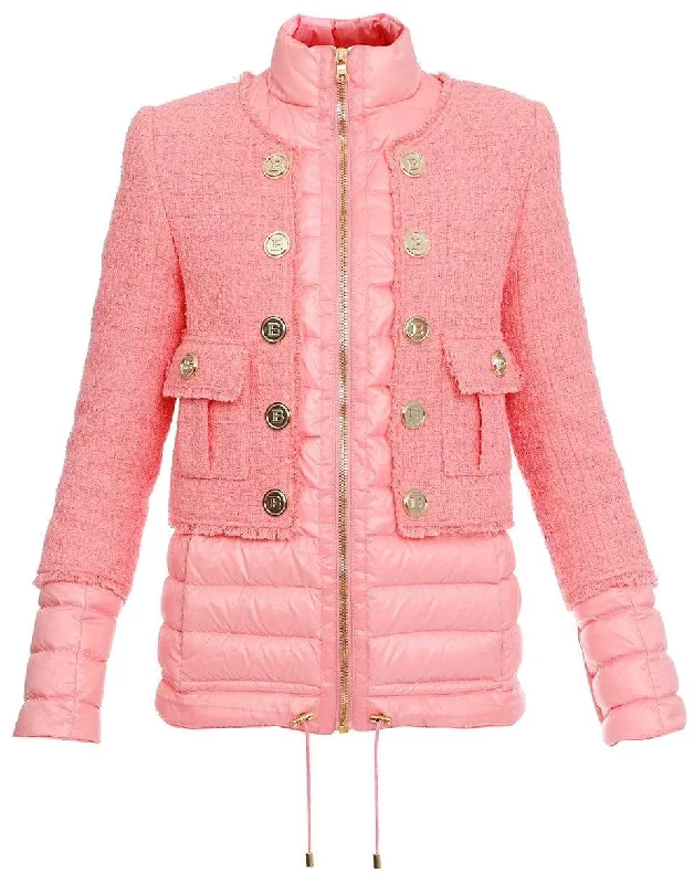 Pink Zippered Tweed Layered Button Jacket