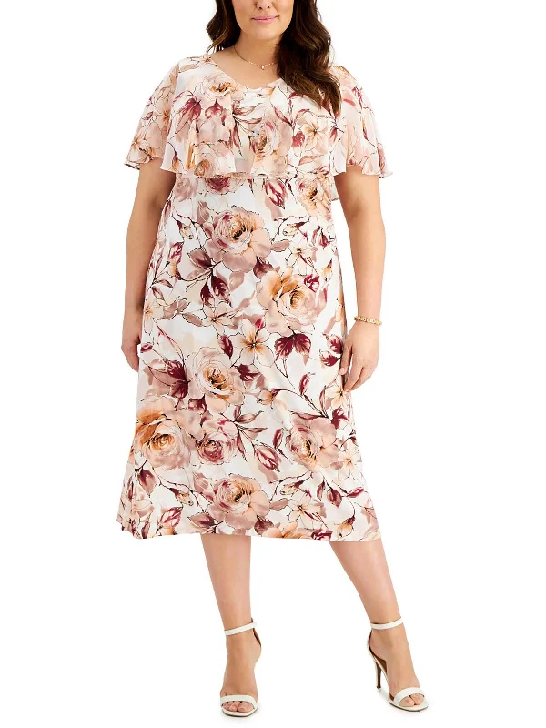 Womens Floral Chiffon Midi Dress