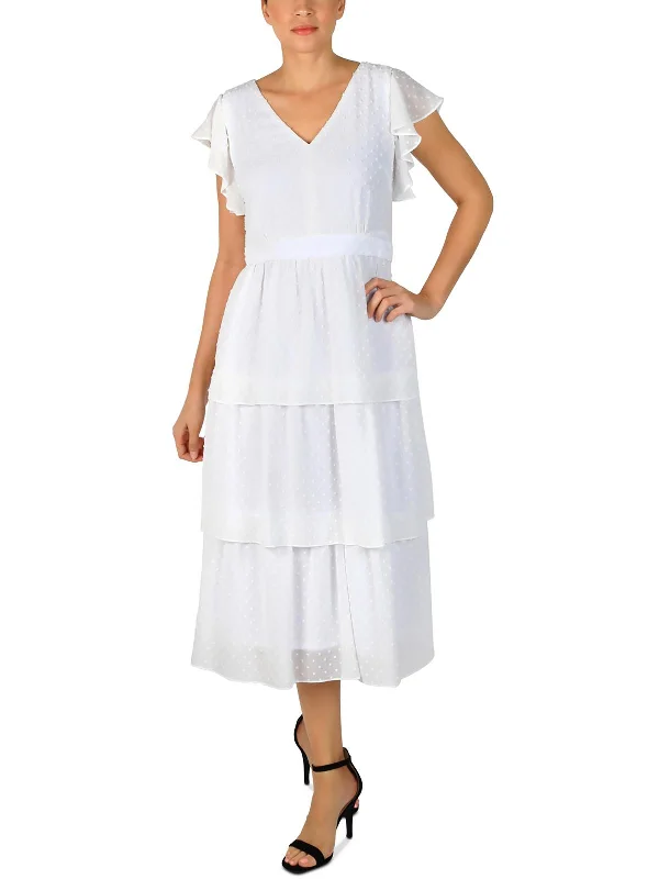 Womens Tiered Ruffle Sleeves Midi Dress