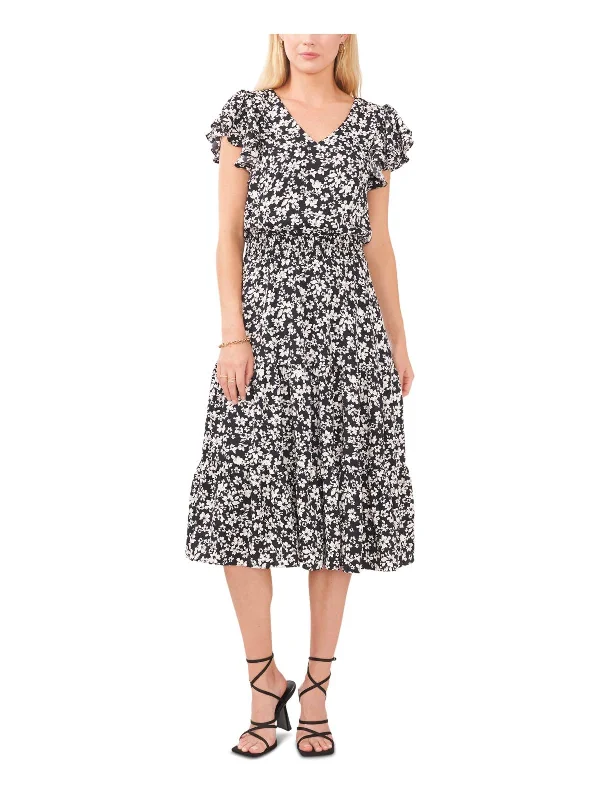 Womens Smocked Midi Fit & Flare Dress