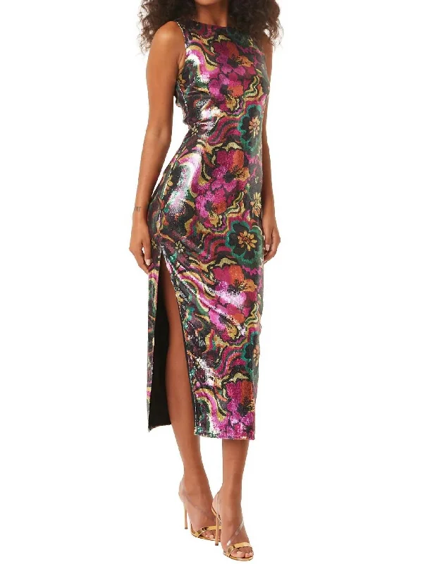 Nakia Sleeveless Sequin Midi Dress In Flora Groove Print