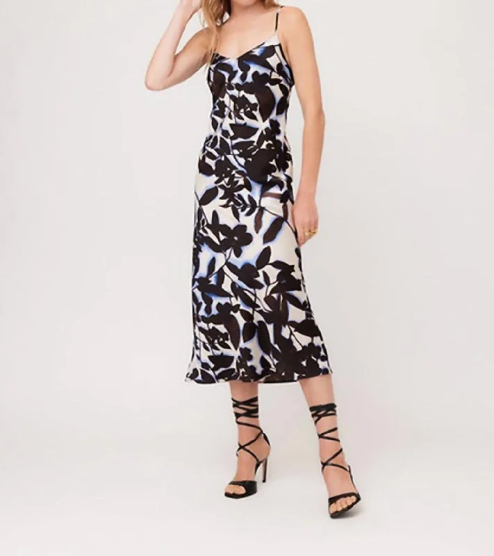 Bias Cut Midi Dress In Shadow Leaf Print