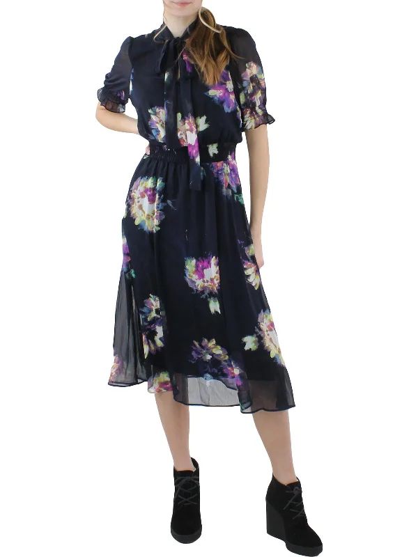 Womens Floral Print Tie Belt Shift Dress