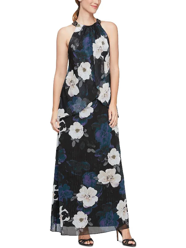 Womens Chiffon Floral Evening Dress