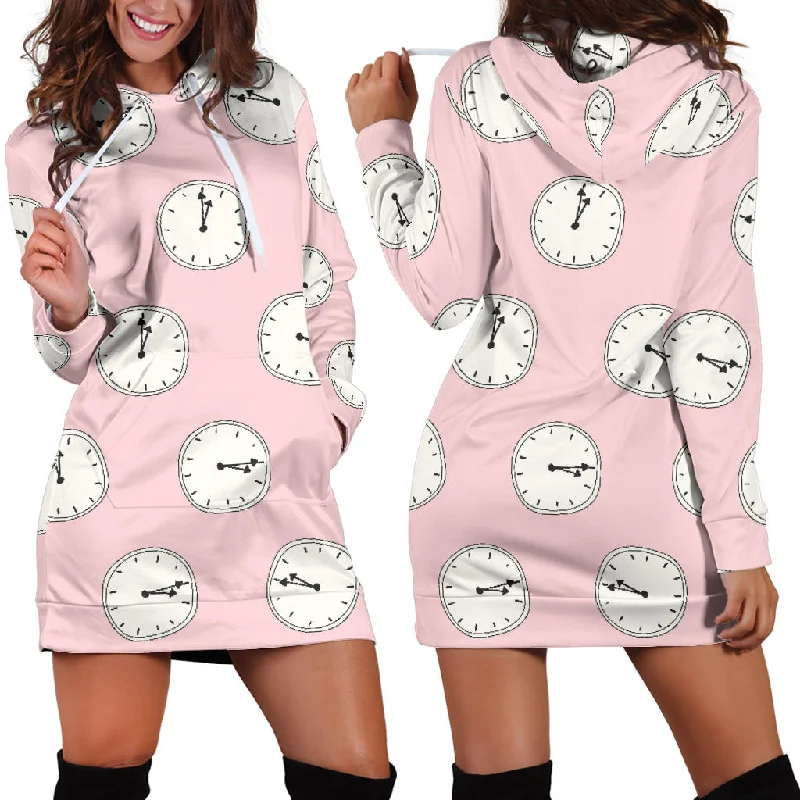 Clock Pattern Pink Blackground Women'S Hoodie Dress