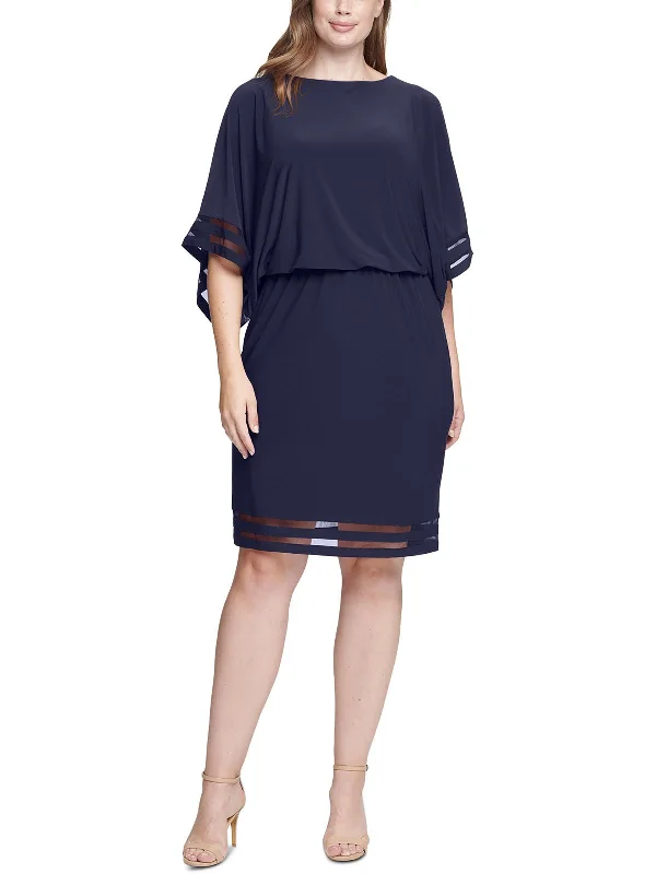 Plus Womens Illusion Trim Blouson Cocktail And Party Dress