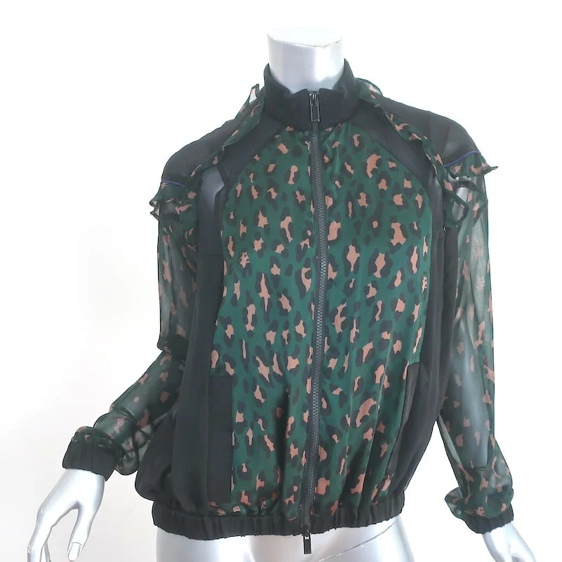 Sacai Ruffled Bomber Jacket Green Leopard Print Satin & Black Chiffon Size 1