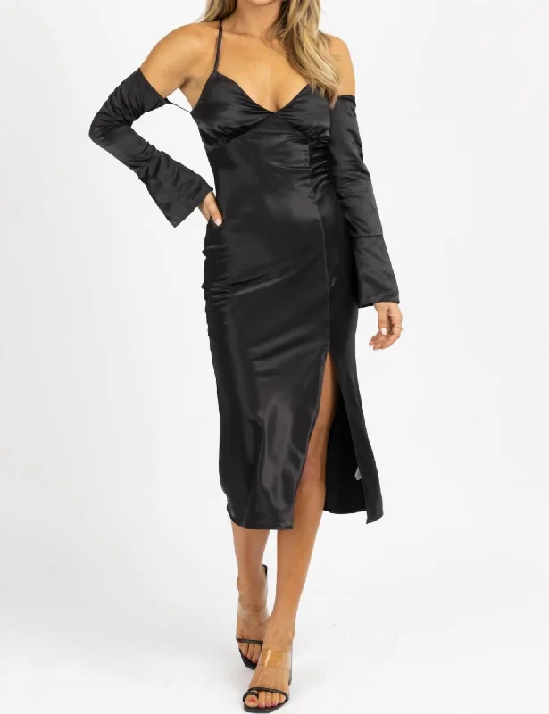 Satin Maxi Dress W/ Long Cuff-Sleeve In Black