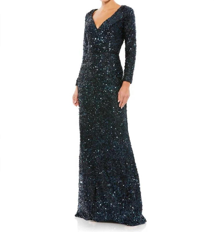 Long Sleeve Sequined Gown In Midnight