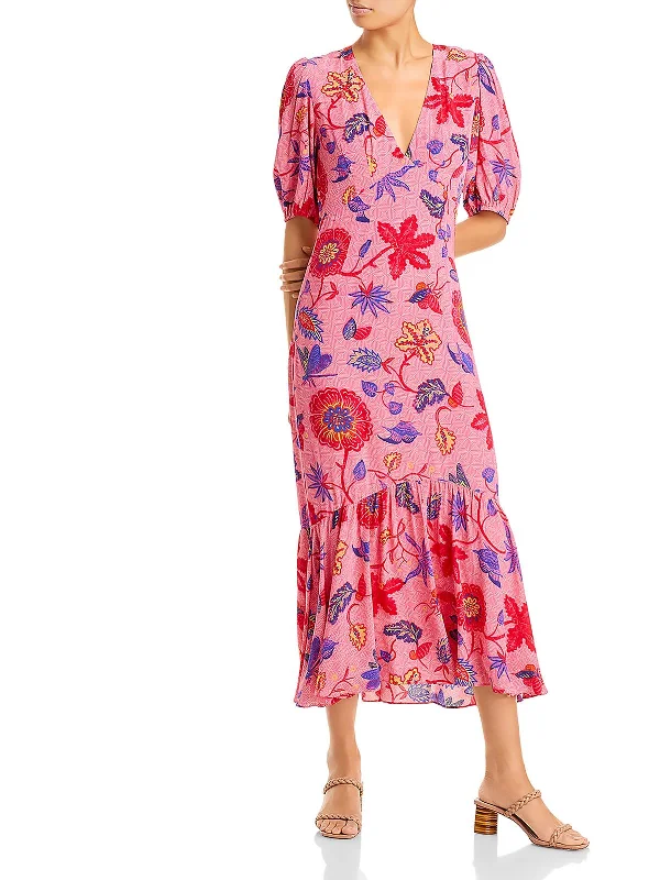 Esther Womens Floral Print Short Midi Dress