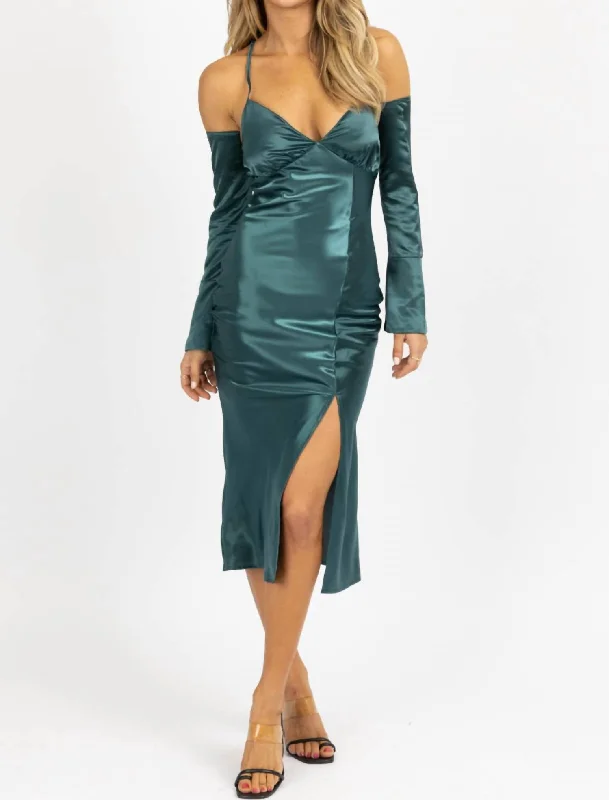 Satin Maxi Dress W/ Long Cuff-Sleeve In Emerald