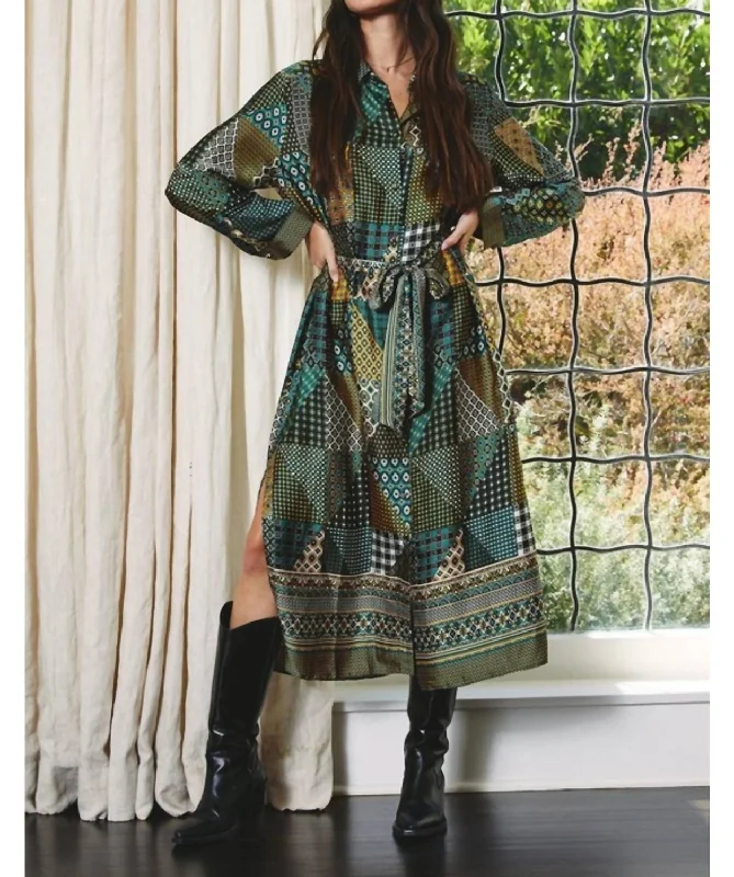 Retro Patch Print Long Sleeve Dress In Golden Eden