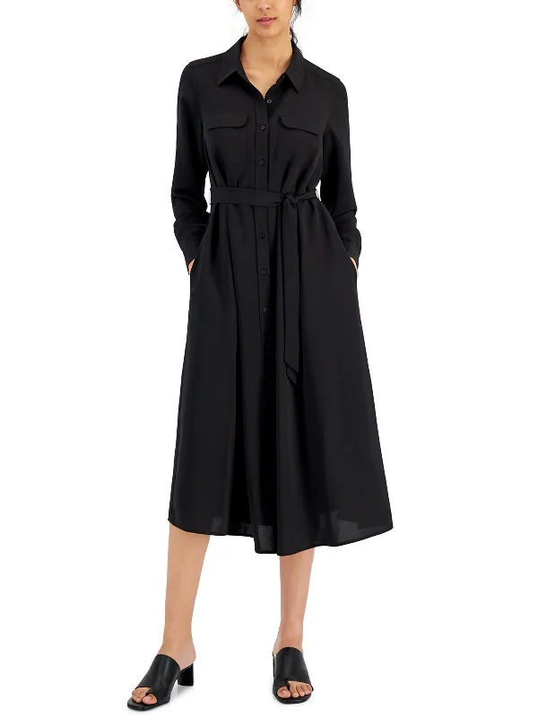 Petites Womens Collar Midi Shirtdress