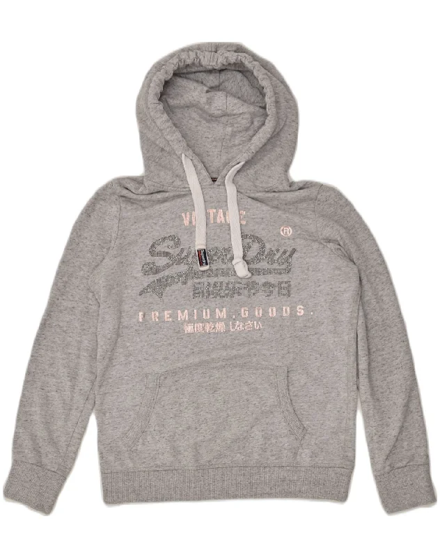 SUPERDRY Womens Graphic Hoodie Jumper UK12 Medium Grey Cotton