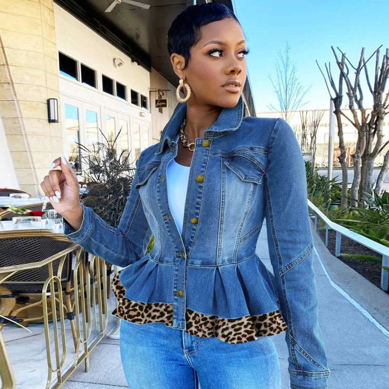 Fall Winter 2022 Womens Coats Custom Leopard Print Denim Jacket Stand Collar Long Sleeve Ruffle Jacket Jeans