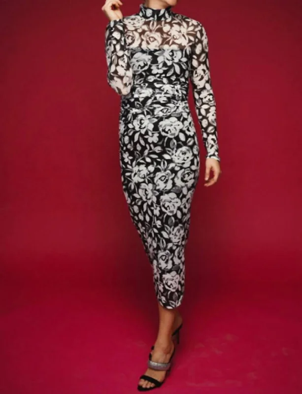 Dominique Long Sleeved Printed Mesh Dress In Midnight Rose