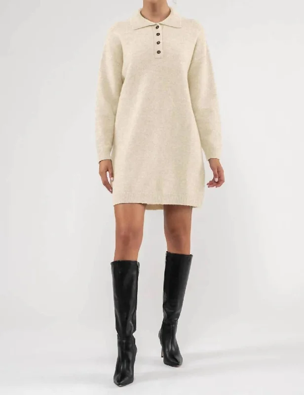 Drop Shoulder Long Sleeve Sweater Dress In Oatmeal