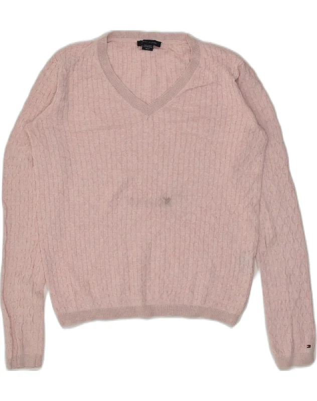 TOMMY HILFIGER Womens V-Neck Jumper Sweater UK 10 Small Pink Cotton