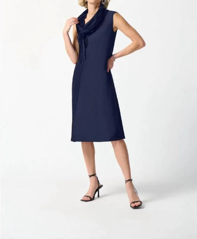 Silky Knit And Memory Cocoon Dress In Midnight Blue