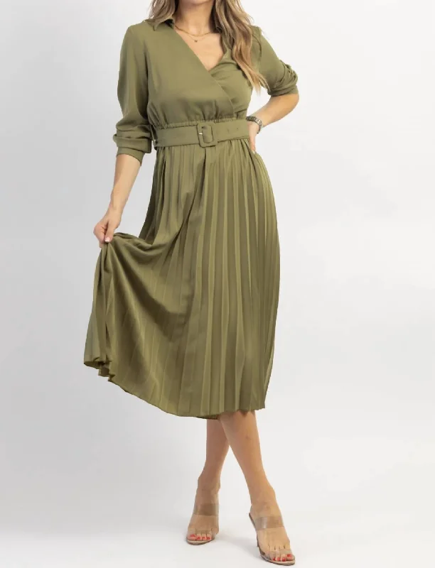 Juliette Pleated Midi Dress In Olive