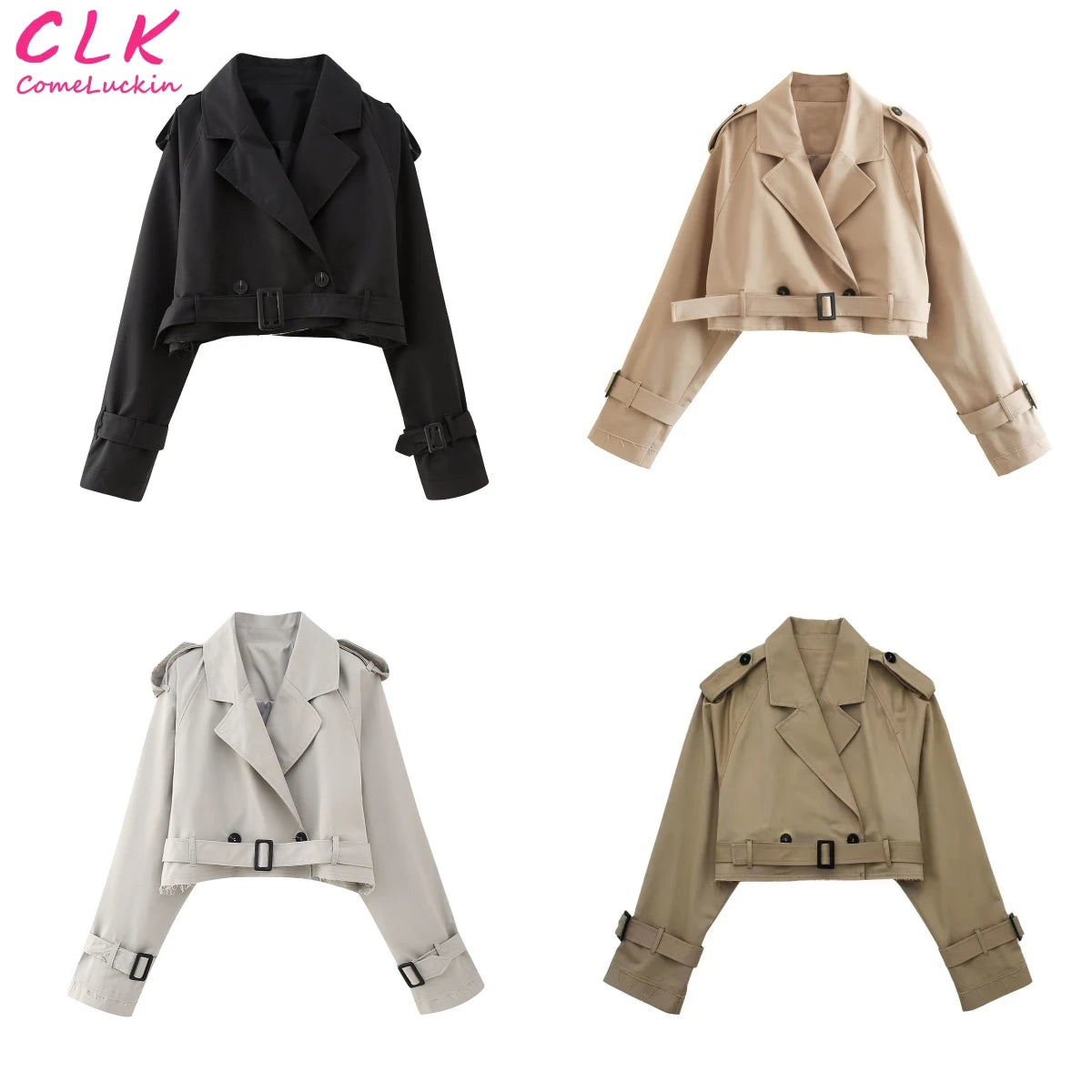 Women Fashion With Belt Cropped Trench Jacket Vintage Notched Neck Long Sleeve Female Chic Coat