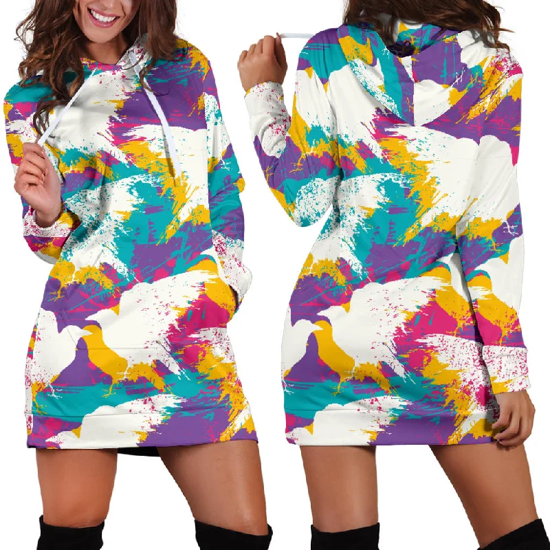 Colorful Crow Illustration Pattern Women'S Hoodie Dress