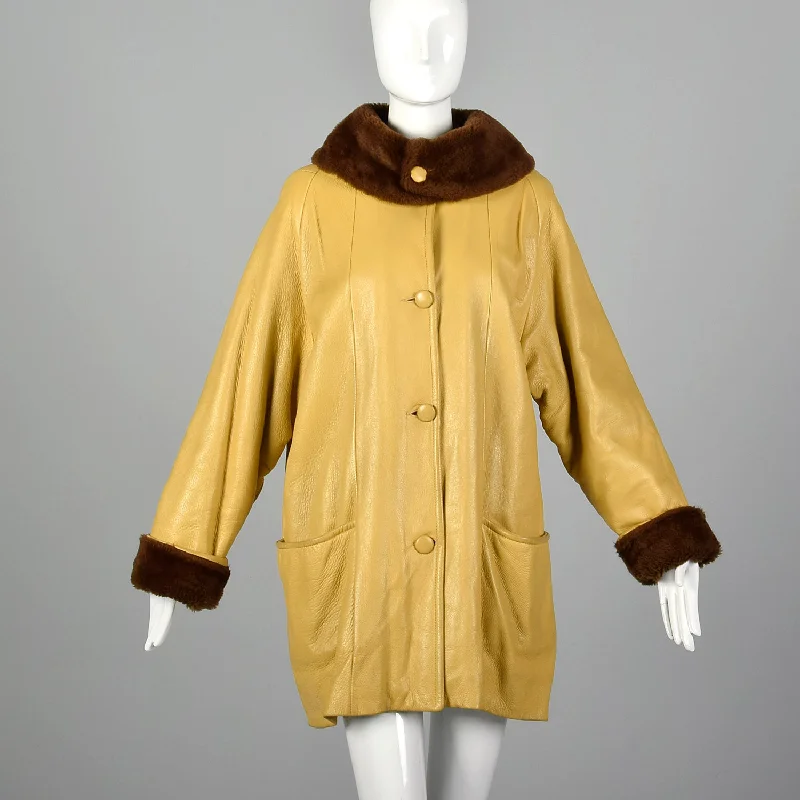 1960s Mustard Yellow Leather Jacket with Brown Faux Fur Trim