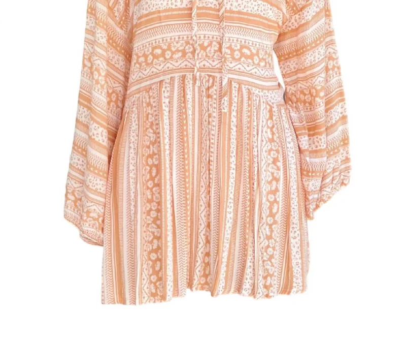 Striped Floral 3/4 Sleeve Peplum Top In Peach