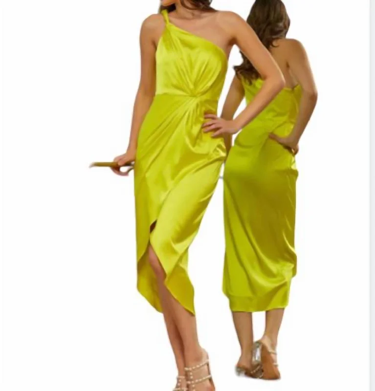 Satin Pleated Dress In Neon Yellow