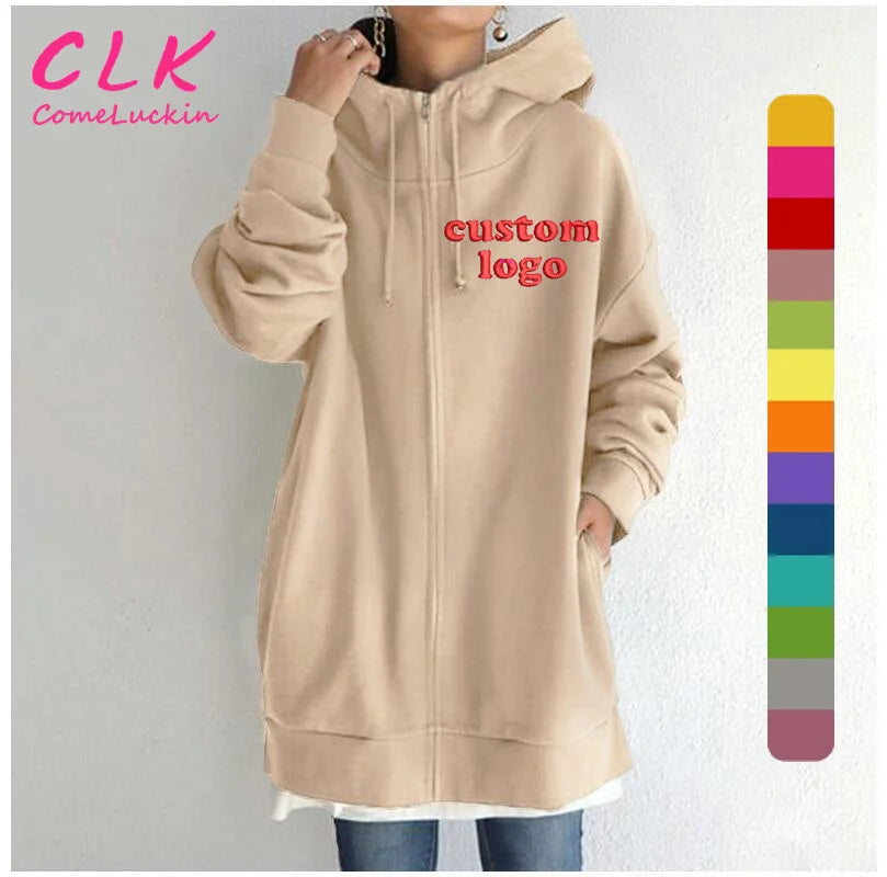 Custom Logo  Women's Solid Hoodies Casual Long Sleeve Zipper Coat Female Outwear Jackets Oversize Top