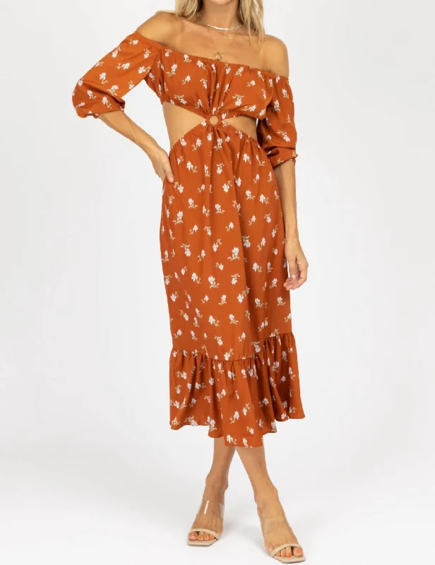 Floral O-Ring Midi Dress In Rust