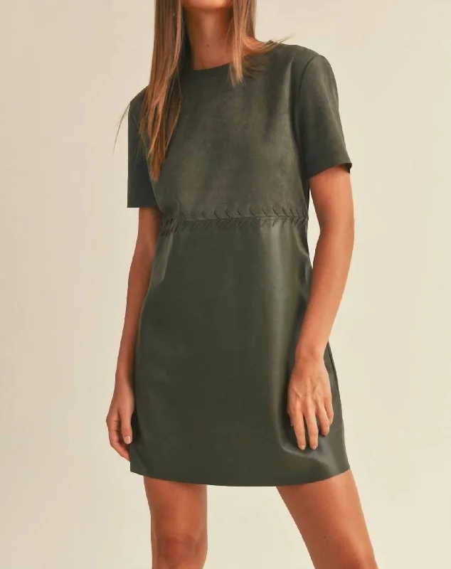 Faux Leather Suede Combo Shift Dress In Olive