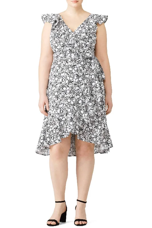 Printed Floral Wrap Dress In Grey