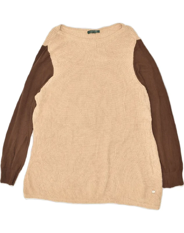 RALPH LAUREN Womens Boat Neck Jumper Sweater UK 16 Large Beige Colourblock