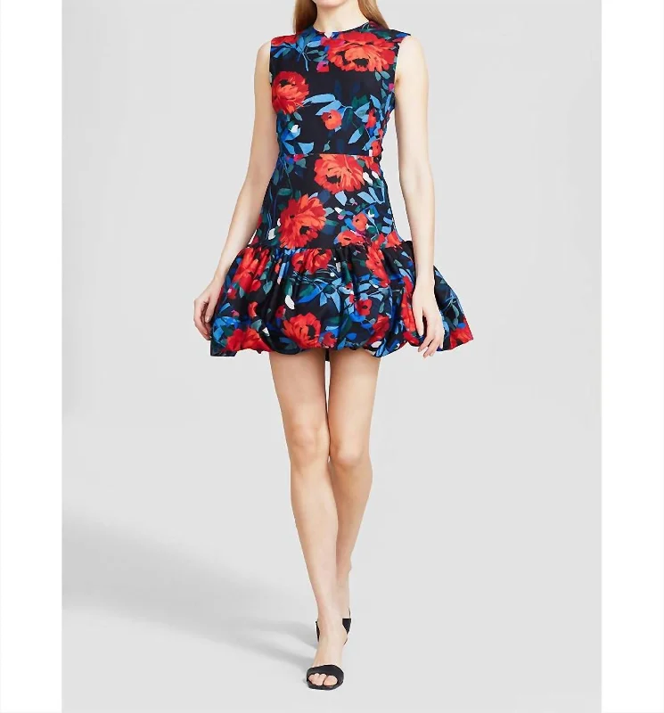 Floral Ottoman Bubble Hem A-Line Dress In Black/multi/floral