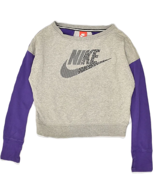 NIKE Womens Crop Graphic Sweatshirt Jumper UK 14 Large Grey Colourblock