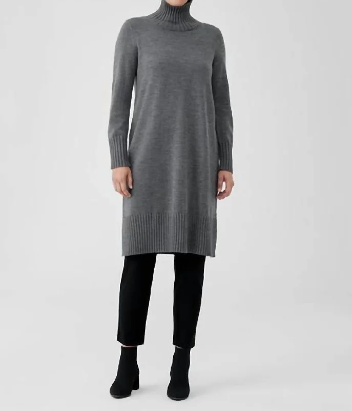 Merino Jersey Turtleneck Dress In Regenerative Wool In Ash