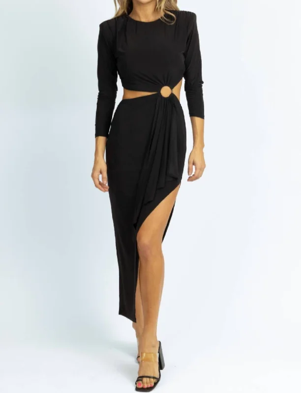 Longsleeve Circlet Cutout Midi Dress In Black