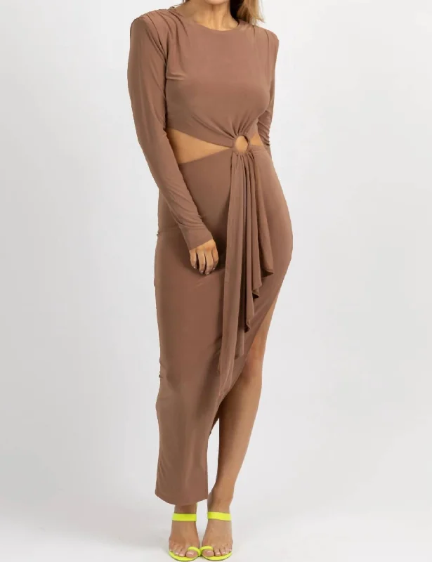 Longsleeve Circlet Cutout Midi Dress In Khaki