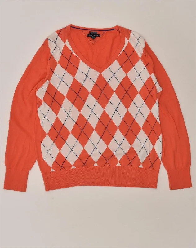 TOMMY HILFIGER Womens V-Neck Jumper Sweater UK 18 XL Orange Argyle/Diamond