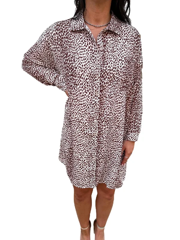 Thirza Leopard Printed Button Down Loose Fit Dress In Brown/white