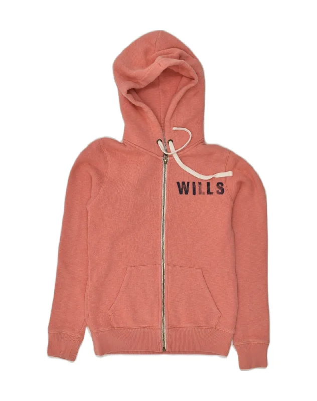 JACK WILLS Womens Graphic Zip Hoodie Sweater UK 8 Small  Pink Cotton