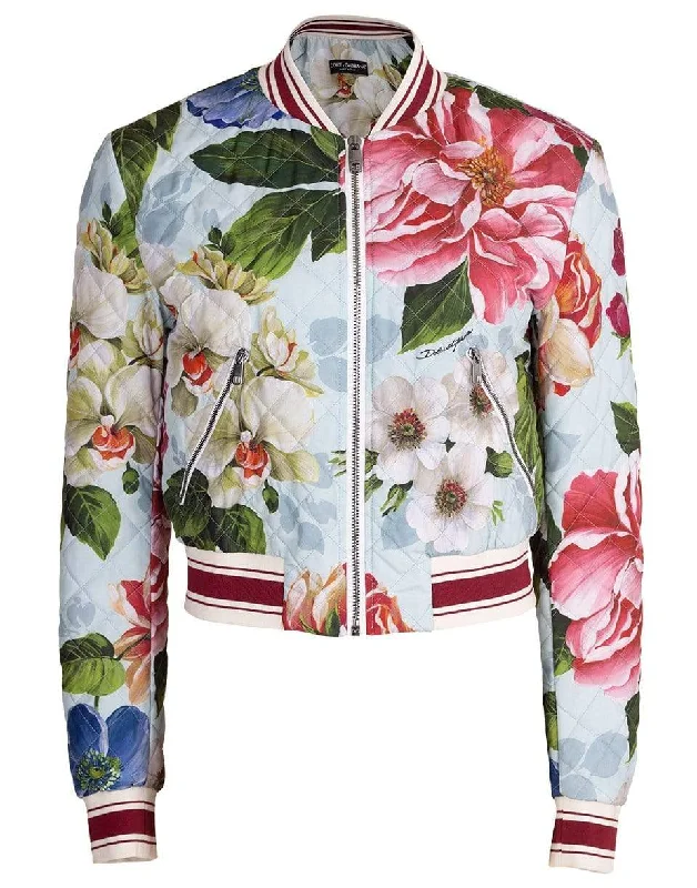 Blue Floral Print Quilted Bomber Jacket