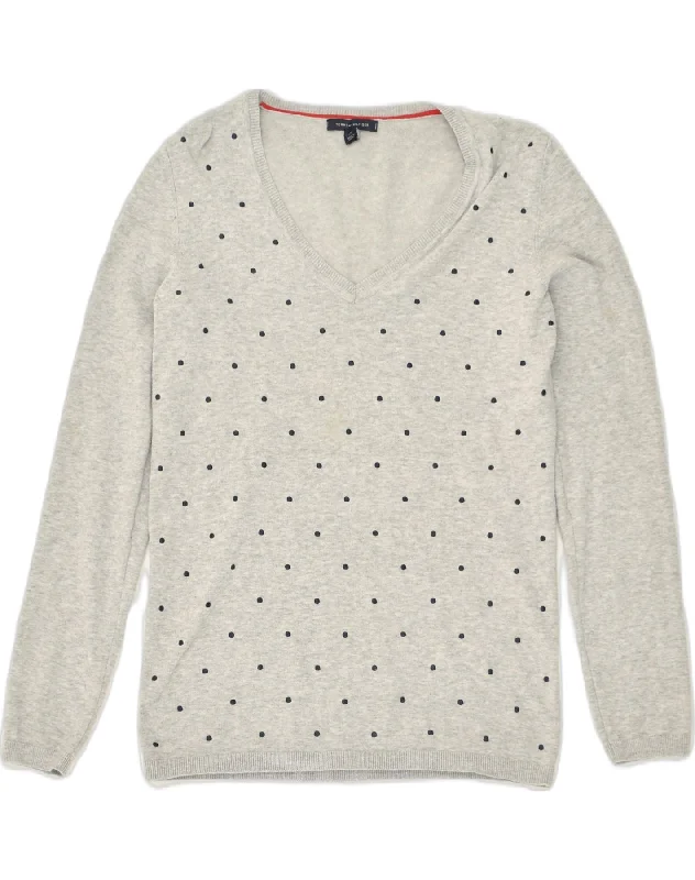 TOMMY HILFIGER Womens V-Neck Jumper Sweater UK 10 Small Grey Spotted