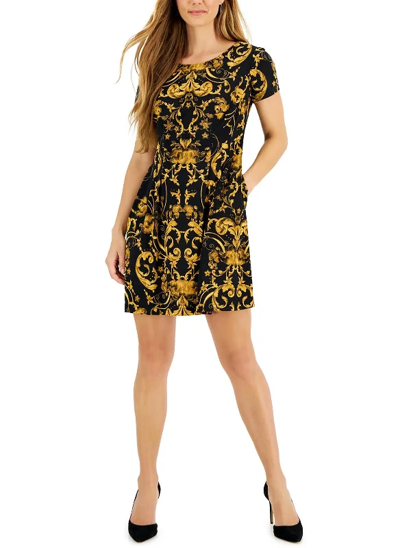 Petites Womens Baroque Floral Fit & Flare Dress