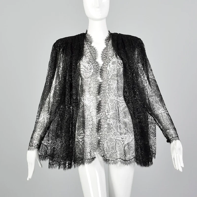 1980s Black & Silver Lace Swing Coat Galanos