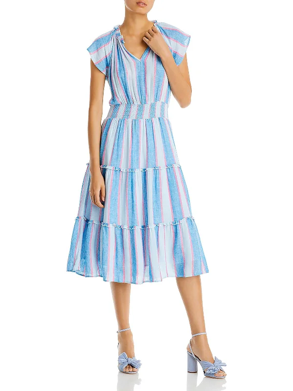 Womens Smocked Waist Mid-Calf Midi Dress