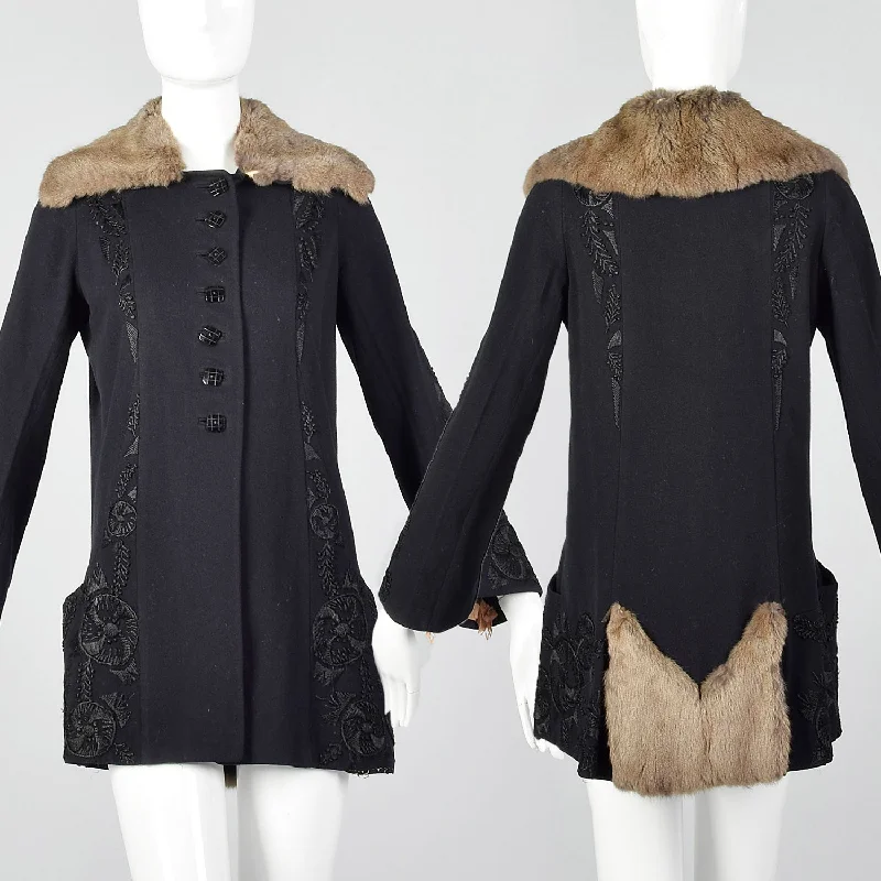 XXS 1920s Embroidered Wool Jacket with Rabbit Fur