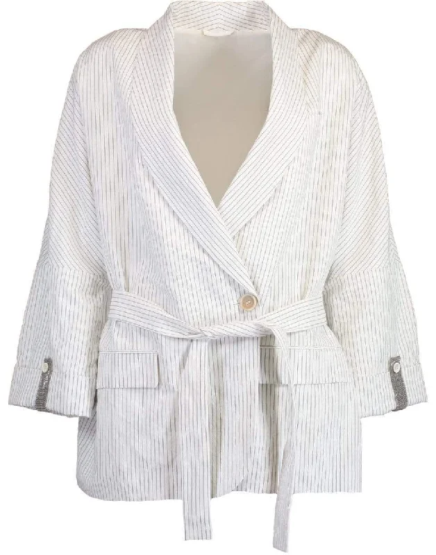 Cotton Linen Pinstripe Wrap Jacket