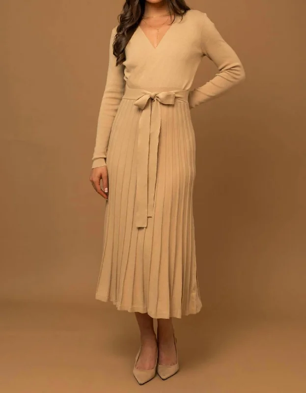 V-Neck Sweater Midi Dress In Camel